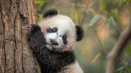 Obraz premium Baby panda cub napping on a tree trunk