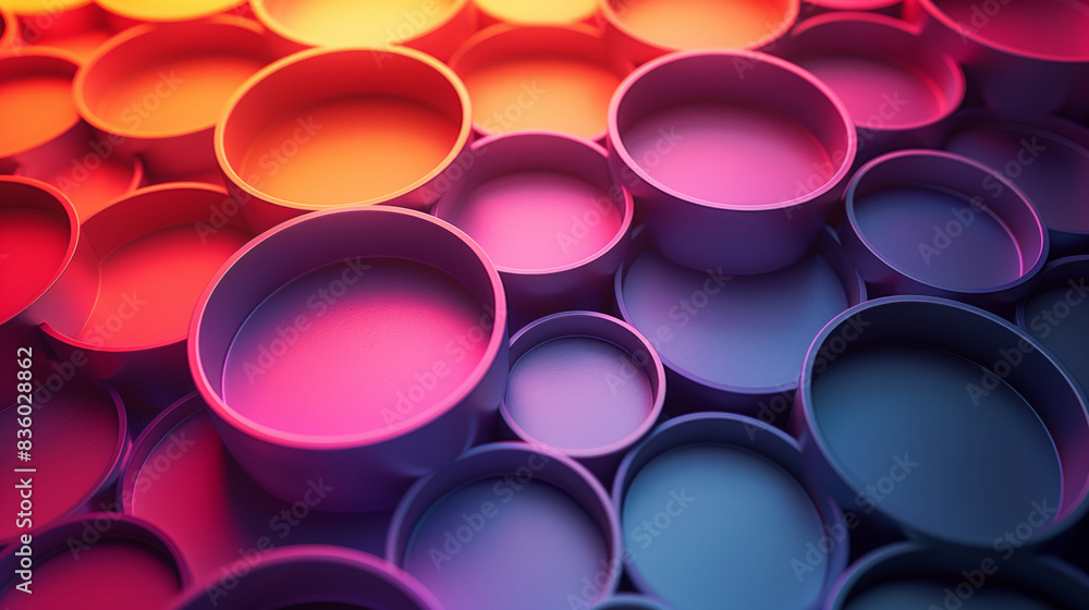 Poster a stack of vibrant cups in various colors stacked on top of each other.