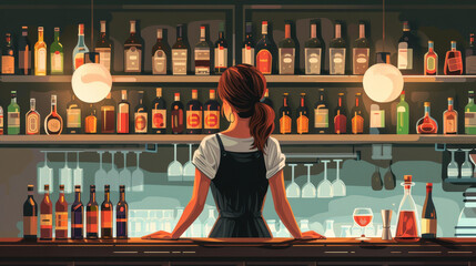 A stylish illustration of a creative bartender arranging bottles at a modern bar counter.