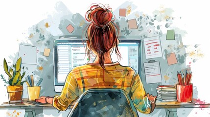 Talented freelance illustrator generates creative ideas for her upcoming project.