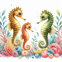 Fototapeta premium Three seahorses are swimming in a colorful ocean scene