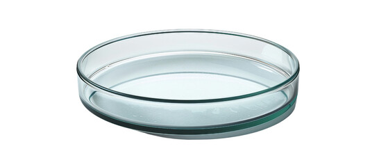 Empty glass Petri dish on white background, commonly used in laboratory settings for experiments, research, and microbiological studies