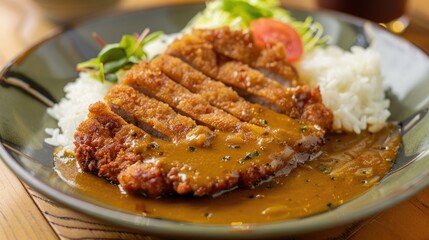 Pork cutlet served with tasty curry sauce on a dish