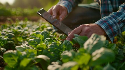 "Farmers embrace technology: close-up of a farmer using a tablet to monitor AI data on crop health in an organic farm.", Created with Generative AI.
