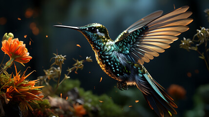 Fototapeta premium Hummingbird in flight with flower and bokeh background.