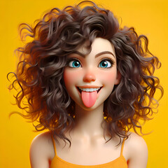 Fototapeta premium Exuberant Charm: Spirited Young Woman with Unruly Curly Hair Sticking Out Her Tongue Against a Vivid Yellow Background in a 3D Render