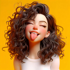 Fototapeta premium Lively and Playful: Joyous Young Woman with Wild Curly Hair Making a Cheeky Face, Set Against a Bright Yellow Backdrop