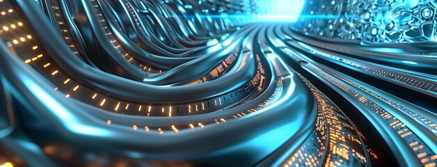 High D of Blue and Orange Glowing Lines Representing Data Flow in Technology Networks on Black Background