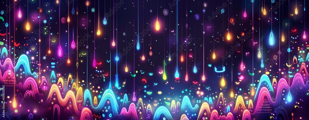 Poster abstract digital landscape featuring glowing data points and colorful sound waves