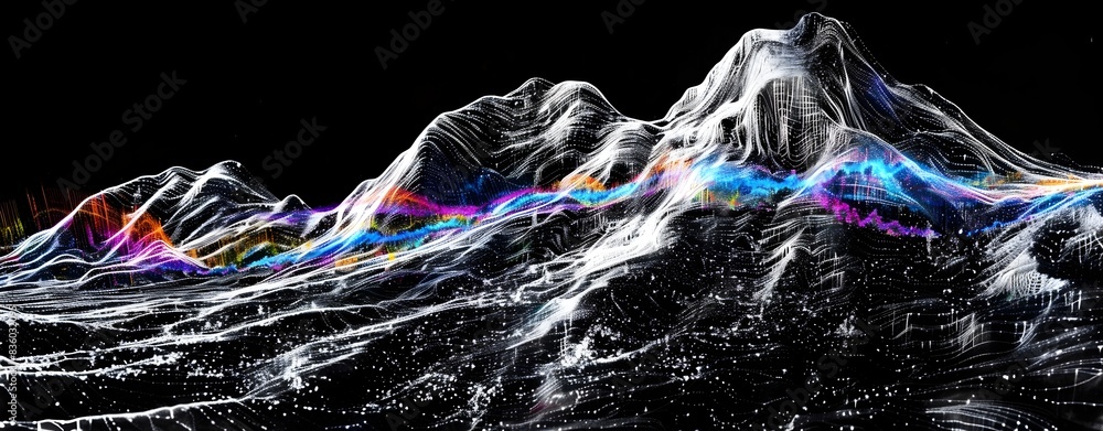Poster abstract digital background with glowing waves and data points forming mountains representing medica