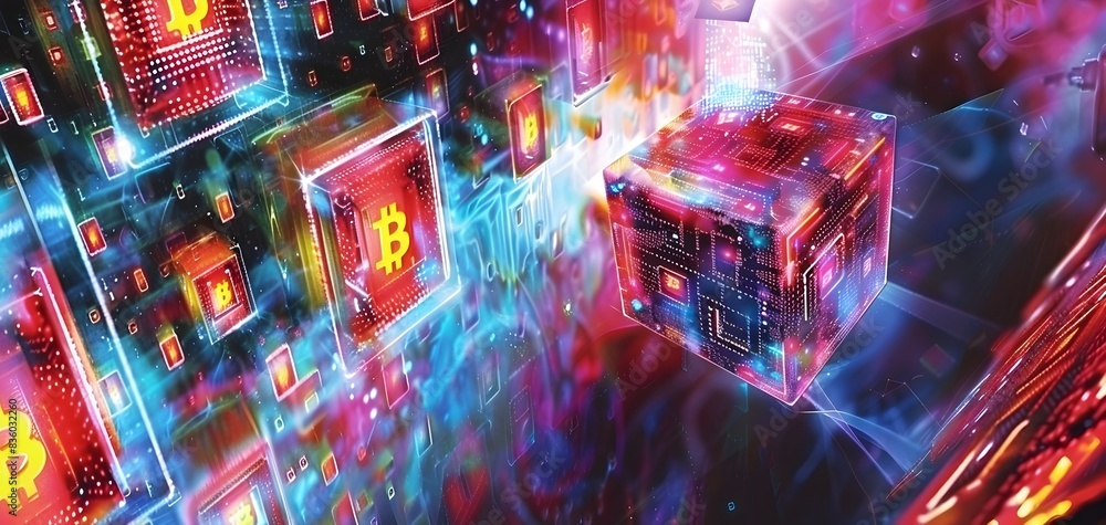 Poster geometric glowing blocks hologram complex blockchain technology structure