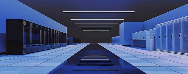 D Rendering of Blue Neon Light Abstract Background with Digital Glowing Frame