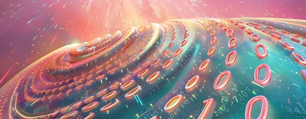 Glowing Digital Data and Binary Code Backdrop with Blue and Orange Particles