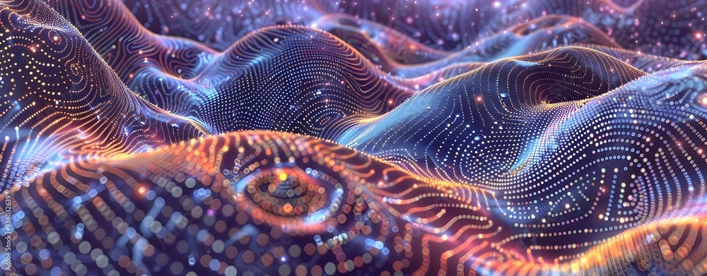 Poster dark blue abstract digital background with glowing dots in wave form