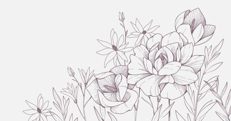 Floral bakground with bouquet of various flowers. Botanical foliage for wedding invitation, wall art or wallpaper. Vector illustration