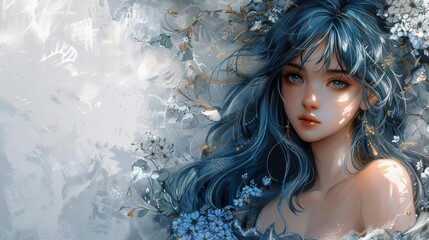 Beautiful anime girl with long blue hair