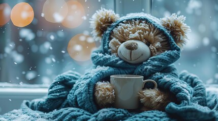 Cute teddy bear wrapped in a blue blanket with a coffee mug