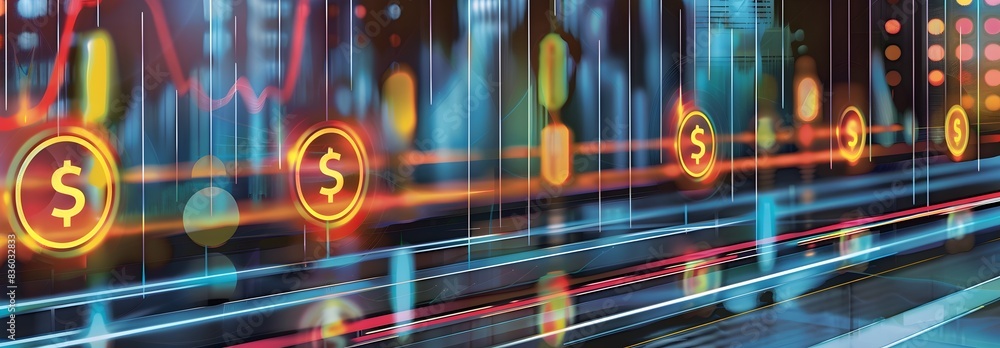Poster financial technology and global trading in style with glowing data points and lines on digital abstr