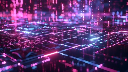 Obraz premium Futuristic Digital Cyberspace Backdrop with Glowing Geometric Patterns and Neon Lights