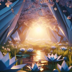 Fantasy Dawn in Blossoming Valley with Origami Birds and Sparkling Sunlight on Spring Trees