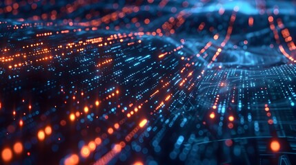 Fototapeta premium Futuristic Digital Landscape with Glowing Neon Particles and Network Connections