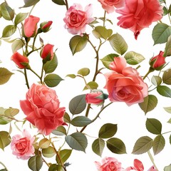 A seamless display of pink roses blooming gracefully against a backdrop of pure white, offering a timeless and elegant pattern for textiles, wallpapers, or digital designs.
