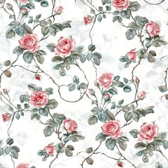 A seamless display of pink roses blooming gracefully against a backdrop of pure white, offering a timeless and elegant pattern for textiles, wallpapers, or digital designs.