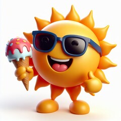 Fototapeta premium 3D sun emoji wearing sunglasses holding a ice cream on a white background