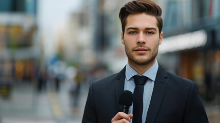 Young male journalist reporting with a microphone on a busy urban street