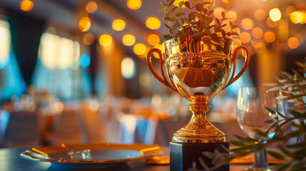 A grand award ceremony with a joyful and luxurious feel like winning a sports event. Copy space