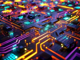 Obraz premium Intricate Futuristic Circuit Board Landscape Glowing with Digital Connections