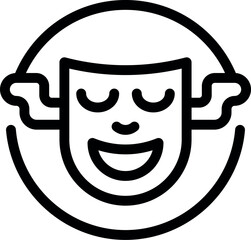Minimalist black and white comedy theater mask icon in simple minimalist design, representing the performing arts and theatrical entertainment with a classic symbol of humor and laughter