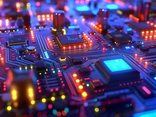 Obraz premium Vibrant Neon-Lit Circuit Board Showcasing the Beauty of Advanced Technology