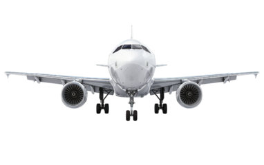 Front view of a passenger airplane in flight, showing its full structure, isolated on a white background. Ideal for travel and aviation themes.
