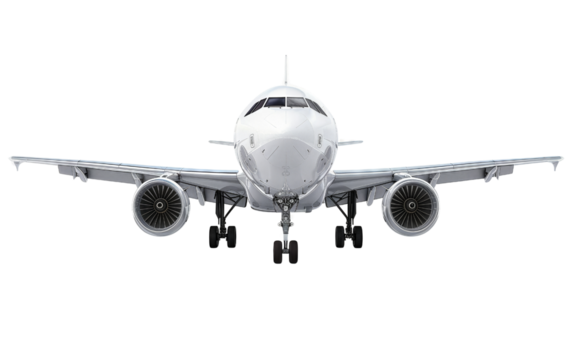 Front view of a passenger airplane in flight, showing its full structure, isolated on a white background. Ideal for travel and aviation themes.