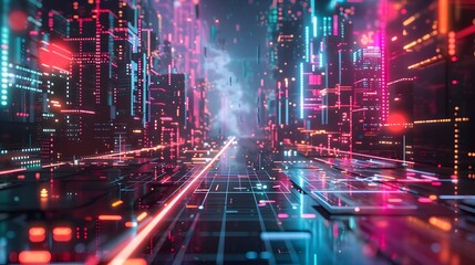 Obraz premium Dazzling City Illuminated by Vibrant Neon Lights and Digital Designs