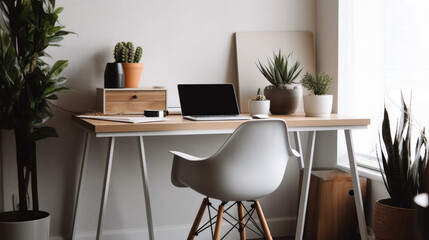 Home office setup with a sleek desk, indoor plants and laptop