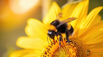Bumblebee collecting pollen from a bright yellow sunflower.