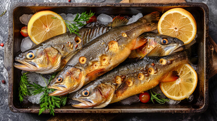 Exquisite Culinary Delight Gourmet Fish with Lemon and Fresh Herbs, Perfectly Prepared for Upscale Dining Experiences Wallpaper Digital Art Poster Brainstorming Map Magazine Background Cover