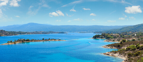 Beautiful summer Aegean Sea coast panorama (near Lagonisi, Sithonia, Halkidiki, Greece).