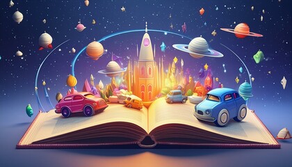 Naklejka premium 子供向け宇宙アート、想像力を刺激するイラスト、教育的な壁装飾、カラフルな宇宙デザイン、物語から飛び出るシーン、創造的な子供部屋の装飾、魔法のような宇宙景観、インタラクティブな学習素材