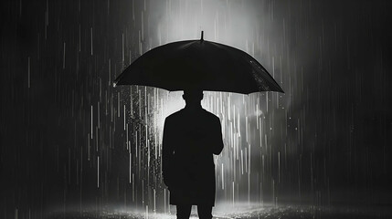 A silhouette of a man standing under an umbrella during a nighttime rain shower, with dramatic lighting creating a striking contrast