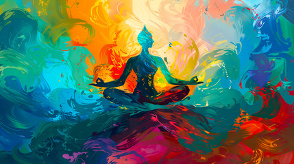 A silhouette of a meditating person sits in a cross-legged pose, surrounded by vibrant, swirling colors. The artwork captures the essence of peace