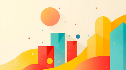 Fototapeta premium A vibrant abstract geometric landscape featuring colorful buildings and a large sun. The design uses bold shades of orange, yellow, and blue