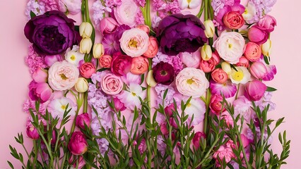 Various summer flowers flat lay purple peonies pink roses tulips and green branches over pastel pink background top view copy space vertical composition flower texture wallpaper and background