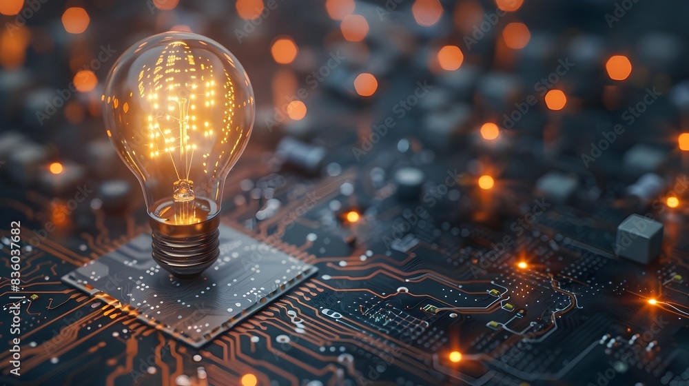 Poster illuminating tech driven growth light bulb overlaying circuit board design