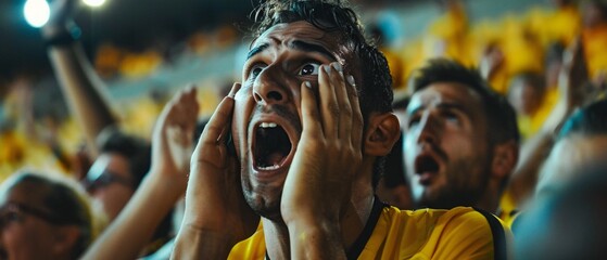 Disappointed football fans react to their team loss in the stadium stands. They looked sad, pensive and crying seeing their team lose in the European football league final. yellow and black team fans