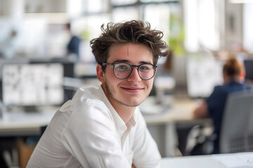 Young American architect smiling in the architecture studio