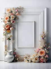 beautiful white picture frame decorated with flower like floral background with copy space, photorealistic illustration of  wedding mock-up presentation 
