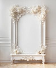 beautiful white picture frame decorated with flower like floral background with copy space, photorealistic illustration of  wedding mock-up presentation 